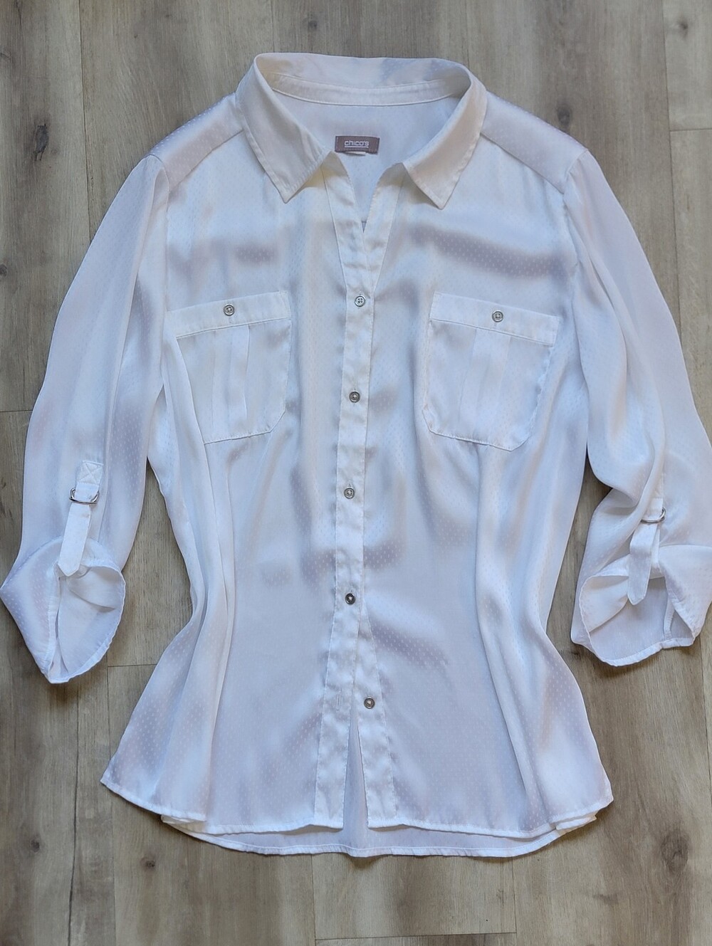 Chico's White Semi Sheer Swiss Dot Utility Button Down Top Roll Tab Sleeves